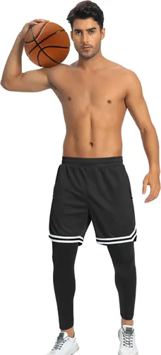 Vista 4 de SILKWORLD Pantalones de correr 2 en 1 para hombre, pantalones deportivos de compresión, leggings de entrenamiento con bolsillos con cremallera