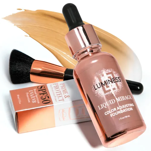 Vista 13 de LUMINESS Kit de 3 piezas Liquid Mirage - Base con cambio de color con SPF 50, pincel de maquillaje y primer hidratante y ligero para el rostro, base