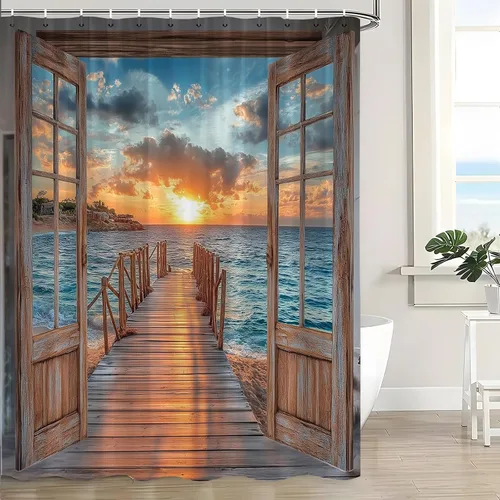 Vista 2 de Cortina de ducha con diseño de puesta de sol y playa, estilo rústico, color marrón, madera, ventana, tropical, isla hawaiana, puesta de sol