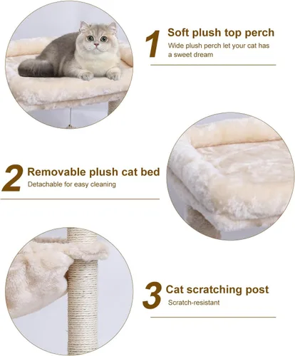 Vista 6 de SYANDLVY Árbol pequeño para gatos de interior, torre de actividad para gatos con poste rascador para gatitos, muebles para gatos con cesta y bola