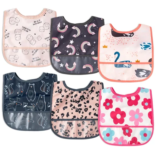 Vista 9 de 6 piezas de baberos impermeables para niños pequeños con bolsillo recogemigas, juego de baberos para bebés con ajuste para dientes de leche, baberos
