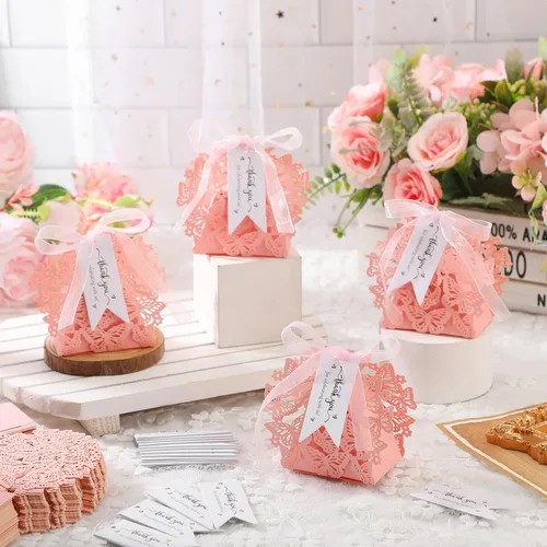Vista 5 de Cholemy Paquete de 100 cajas de regalo de mariposa para baby shower, caja de regalo de mariposa pequeña con tarjeta de agradecimiento y cinta