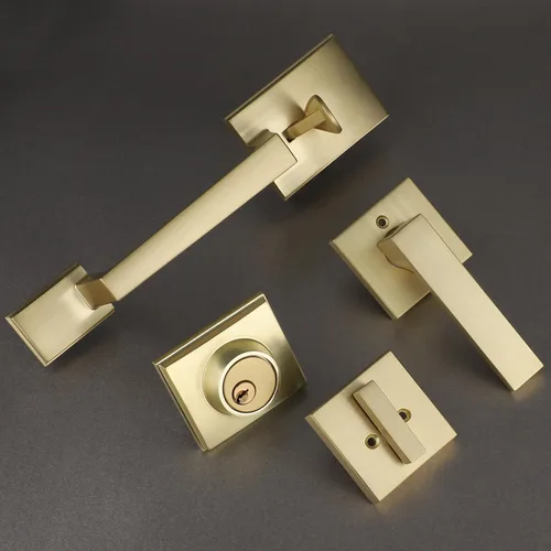 Vista 4 de EHOMEWARE - Juego de manijas de puerta delantera doble de latón, manija de puerta de latón cuadrado resistente en oro y cerradura de un solo