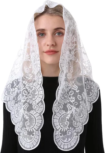 Vista 2 de católica misa capilla velo encaje cabeza cubriendo mujeres iglesia velo tamaño medio