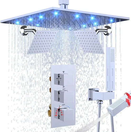 Vista 7 de Enga Juego de grifo de ducha termostático, cabezal de ducha LED de 12 pulgadas con cabezal de ducha doble de 6 pulgadas, juego de grifo de ducha