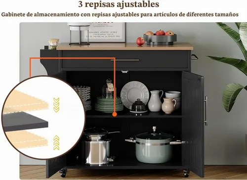 Vista 4 de Carrito de isla de cocina con almacenamiento, madera, negro