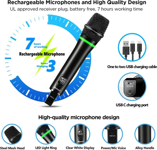Vista 3 de Bietrun Micrófono inalámbrico, sistema de micrófono dinámico inalámbrico dual UHF inalámbrico de metal recargable para karaoke, reuniones, fiestas