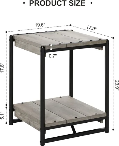 Vista 3 de Mesa auxiliar de almacenamiento de madera, cuadrada grande de 20 pulgadas con estante de 2 niveles, marco de metal moderno para cama, sofá, mesa