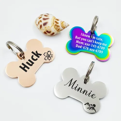 Vista 5 de Bonita placa de identificación de mascotas de acero inoxidable grabada en ambos lados, etiquetas personalizadas para gatos y perros para colgante