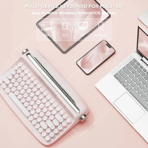 Vista 6 de YUNZII ACTTO B303 Wireless Retro Typewriter Bluetooth Keyboard(Baby Pink) Conexión estable de Bluetooth, tiempo de espera largo, con soporte