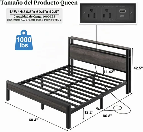 Vista 2 de LOEWAY Base de cama tamaño Queen con cabecero de almacenamiento y luces LED, color gris