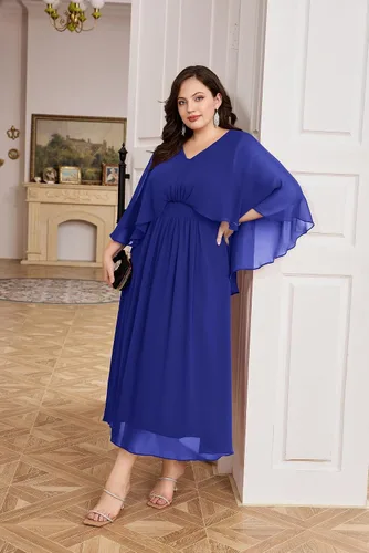 Vista 7 de Hanna Nikole Vestido de fiesta de noche de gasa con cuello en V para mujer, talla grande, manga capa, maxi vestidos para invitados de boda