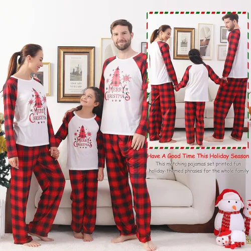 Vista 2 de Conjunto de pijama de Navidad familiar a juego lindo top con impresión pantalones a cuadros pijamas de vacaciones para mujereshombresniñosparejas