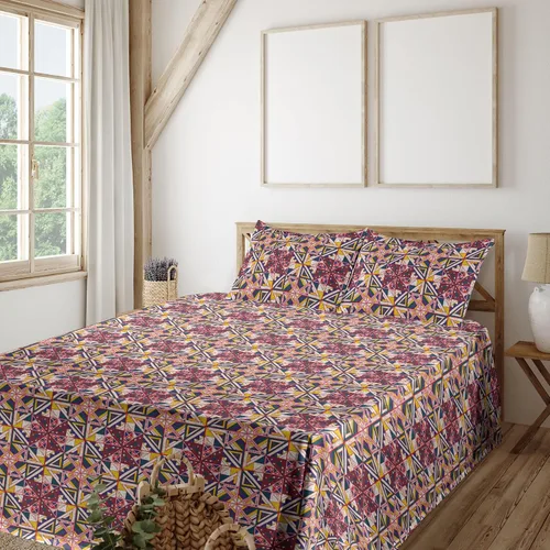 Vista 24 de Ambesonne Juego de sábanas vintage, diseño de curvas de inspiración victoriana, estampado de hojas y flores, sábana bajera y encimera con fundas