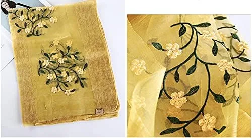 Vista 5 de Bufanda bordada floral mixta de seda y lana para mujer