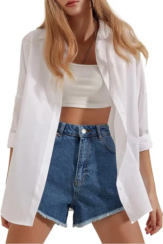 Vista 5 de HangNiFang Camisas de gran tamaño con botones para mujer, de manga larga, ajuste holgado, blusas elegantes para el trabajo