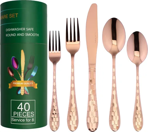 Vista 8 de Juego de cubiertos negros de 40 piezas para 8, cubiertos de acero inoxidable 18/10 para 8, elegante diseño de panal de abeja, incluye cuchillo
