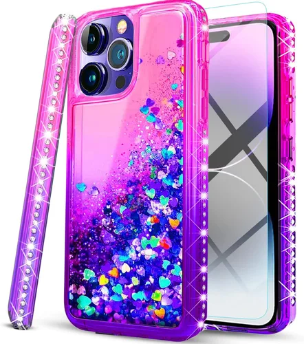 Vista 10 de STARSHOP Funda compatible con iPhone 14 Pro Max, con [protector de pantalla de vidrio templado incluido] Funda de diamante de arena movediza