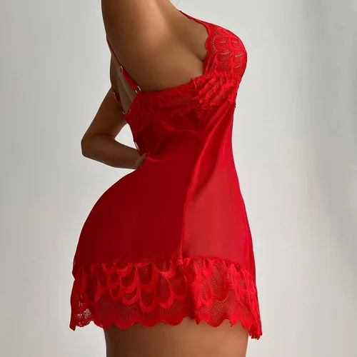 Vista 4 de MOBCTG Camisón sexy de encaje para mujer, sexy, sin hilos, con perspectiva, sexy, de encaje, para mujer, Rojo, M