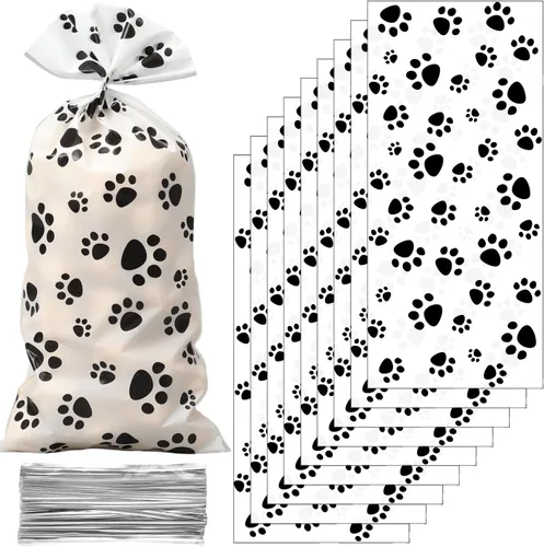 Vista 4 de Blulu 100 bolsas de golosinas para perros, recuerdos de fiesta para cachorros, bolsas de celofán con cono de pata de mascota, dulces sellables por