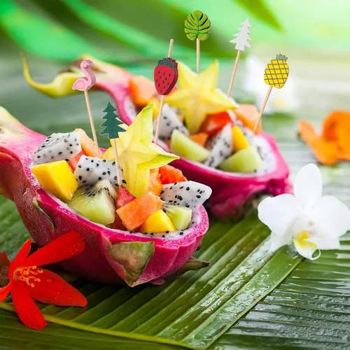 Vista 6 de 160 piezas de accesorios de decoración de bebidas de cóctel, 60 sombrillas de cóctel, 100 selecciones de frutas, palma de coco de verano, palillos