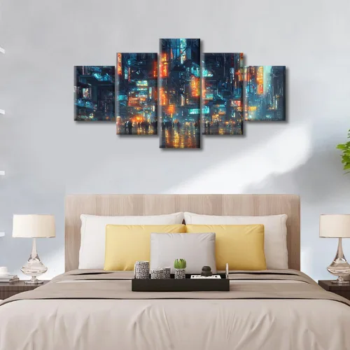 Vista 45 de Cuadros de 5 paneles de Cyberpunk City, arte de pared, representación de vallas publicitarias, edificios modernos en la capital con obras de arte