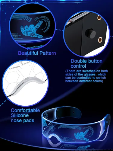 Vista 4 de TOODOO 2 pares de anteojos con visera LED, 7 colores, gafas futuristas, 4 modos de iluminación, gafas luminosas de panal para adultos