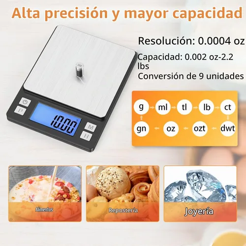 Vista 2 de BOMATA 0.01 g/1 kg Escala Digital Pequeña Mejorada, Recargable por USB, con Pantalla Más Grande y Función de Retención, Función de Tara, 9