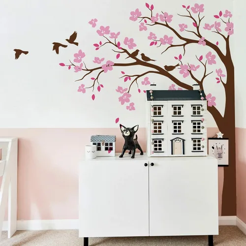 Vista 8 de Adhesivo decorativo para pared de árbol de esquina grande con flores grandes, pájaros y hojas para cuarto de bebé, mural 087