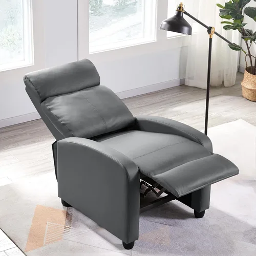 Vista 7 de Yaheetech Asiento de cine en casa, silla reclinable de piel sintética, moderna para sala de estar, sofá reclinable con bolsillo, color gris primavera