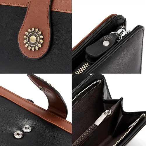 Vista 4 de Telena Billeteras de cuero para mujer con diseño de cartera de triple, para tarjetas de crédito, 4-Negro con Marrón, Vintage