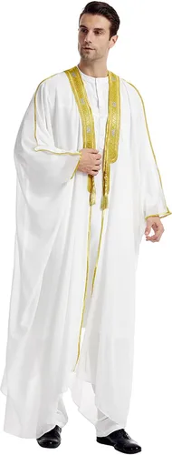 Vista 4 de Abaya Dubai Jalabiya Thobe Muslim Ramadan Robe Arab Camisa Abaya Hombres Bordado Gasa Cubierta Blanco