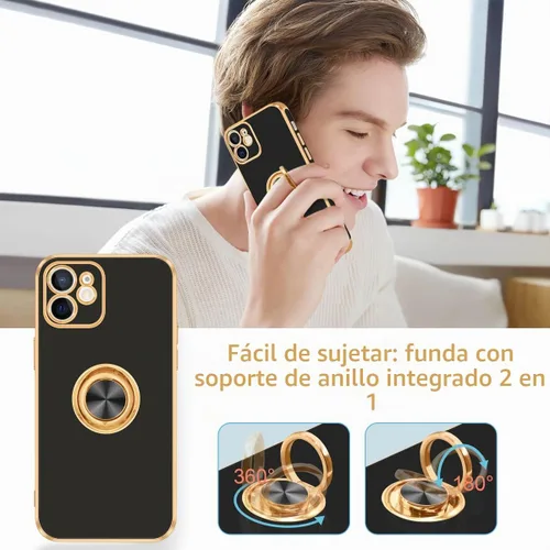 Vista 7 de Fingic Funda para iPhone 12 con Soporte de Anillo, [Soporte de Anillo Giratorio de 360° Magnético con Base] [Borde Dorado Brillante con Enchapado]