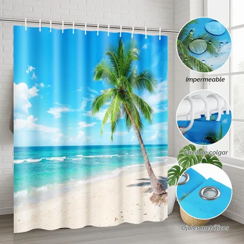 Vista 6 de ArtSocket Hermoso juego de baño de playa con cortina de ducha y accesorios de alfombras, paraíso de palmera de coco para isla de verano, cortina