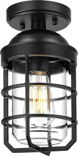 Vista 12 de Emliviar Lámpara de techo estilo granja, luz semiempotrada vintage para interior, luz de seguridad con vidrio templado transparente, acabado