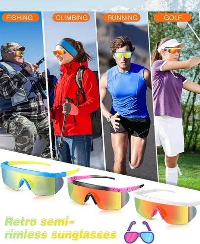 Vista 5 de Fabbay 3 pares de lentes de sol de neón retro espejados de los años 80 y 90 s semi sin montura de lentes de sol de colores para deportes hombres