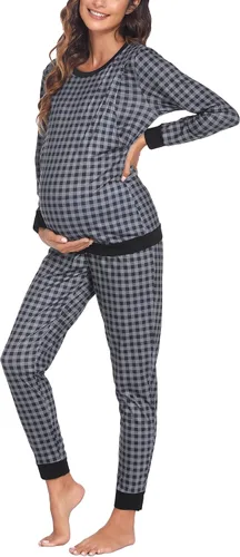 Vista 2 de Ekouaer Conjunto de ropa interior térmica de maternidad y lactancia, conjunto de pantalones largos de punto a rayas, capa base superior e inferior