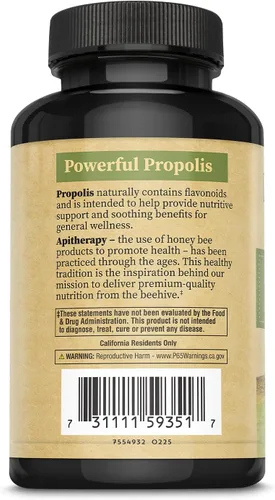 Vista 3 de Honey Gardens Propóleos de abeja: 59351: Tapa, (Btl-Plástico) 650mg 120ct