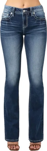 Vista 2 de Miss Me Jeans de tiro medio para mujer con bolsillos de solapa de imitación con plumas nativas