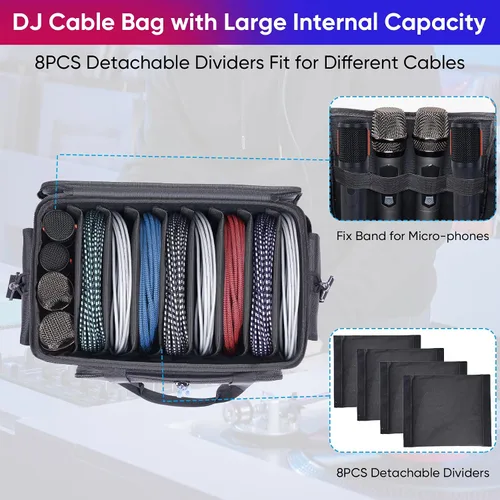 Vista 2 de Bolsa grande para archivos de cable de DJ con 8 divisores desmontables, bolsa de DJ acolchada con múltiples compartimentos y bolsillos para equipos
