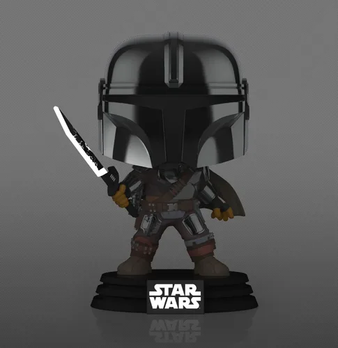 Vista 3 de POP Funko Star Wars Mandalorian con sable oscuro (cromo y brilla en la oscuridad), exclusivo