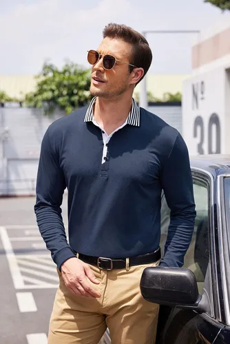 Vista 3 de Playera manga corta de cuello redondo a rayas Classic Fit Polo para hombre de Coofandy