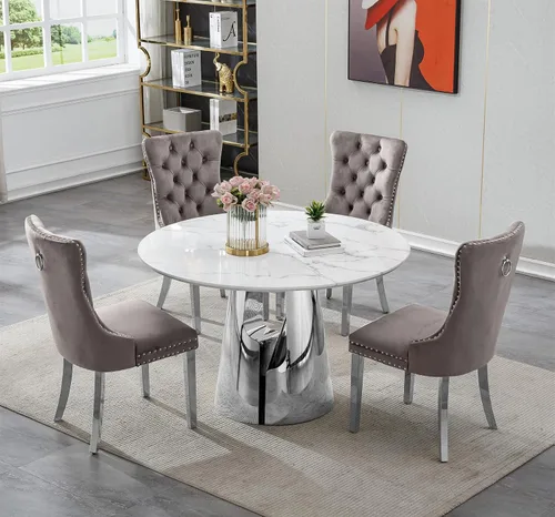 Vista 32 de SSLine Mesa de comedor redonda de mármol sintético blanco para 4-6, mesa de Mesa de oro blanco