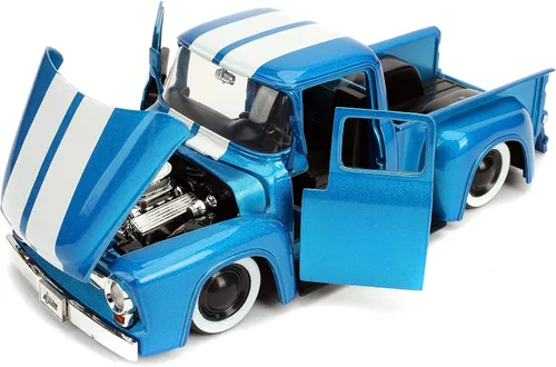 Vista 6 de Jada Just Trucks 1:24 1956 Ford F-100 - Coche fundido a presión con rayas azules y blancas con estante para neumáticos, juguetes para niños y adultos