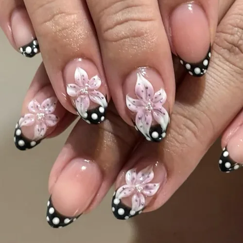 Vista 16 de Uñas postizas cortas en forma de almendra SWEKKE con punta francesa, uñas falsas con diseños de flores 3D en amarillo y rosa, uñas adhesivas