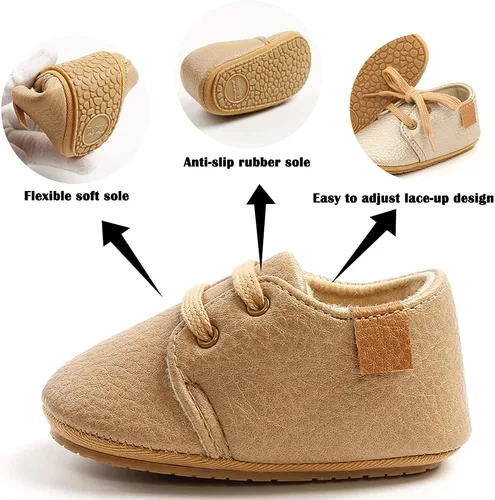 Vista 5 de COSANKIM Zapatos para bebés niños y niñas, zapatos de piel sintética con cordones para bebés, suela de goma antideslizante, mocasines para recién