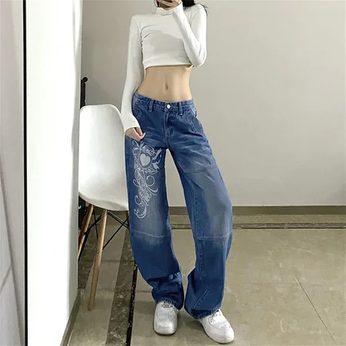Vista 2 de Zempertoopa Pantalones de mezclilla holgados Y2K para mujer, pierna ancha, rectos, grunge, cintura alta, casual, holgados, pantalones de carga