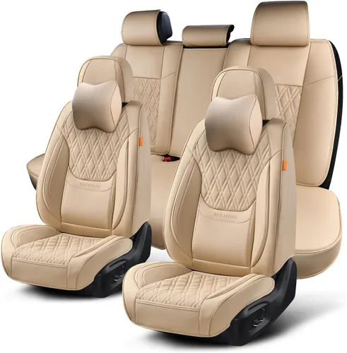 Vista 16 de Fundas de asiento delantero de automóvil, par de fundas de asiento delantero de cuero transpirable con reposacabezas, funda universal de asiento