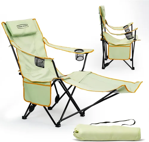 Vista 7 de YOUNG WOOD Silla de camping reclinable, portátil con reposapiés, silla de camping plegable para adultos, reposacabezas y bolsa de almacenamiento
