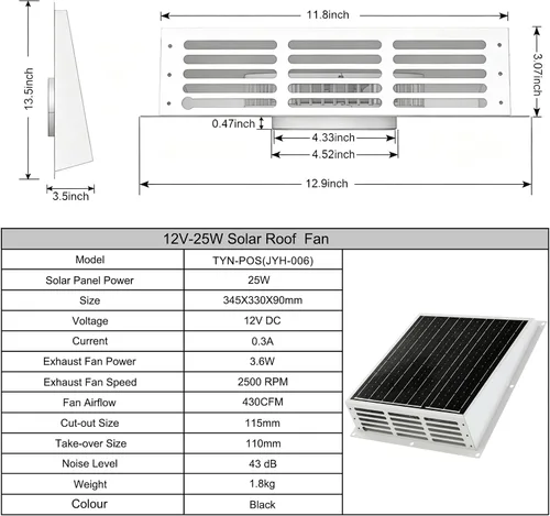 Vista 5 de Ventilador de escape solar de 25 W para gallinero con cable adaptador